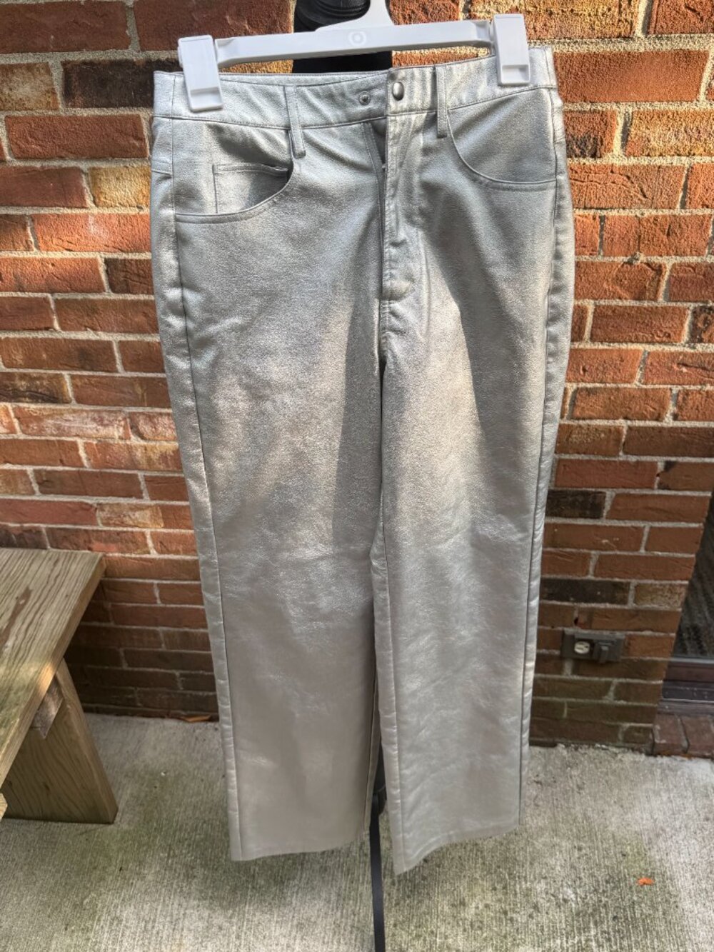 WAYF Silver Metallic Faux Leather Wide Leg Pants XS Y2K Festival Statement